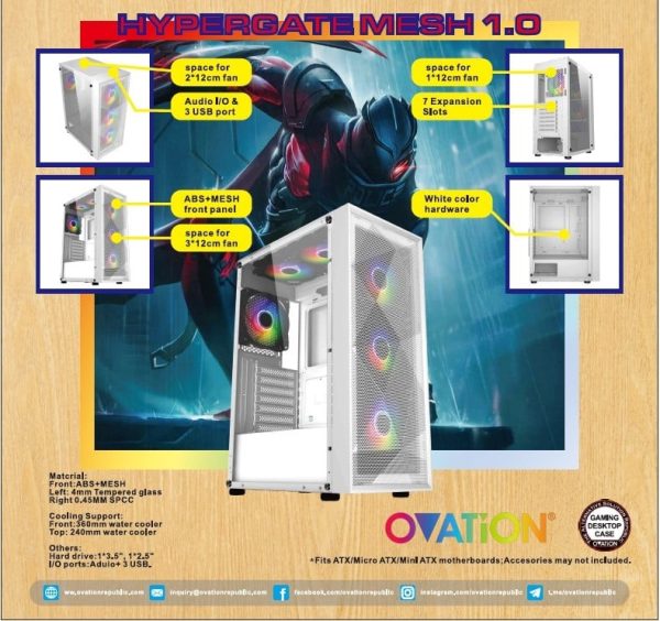 Ovation Hypergate Mesh 1.0 White Gaming Desktop Case Ovation